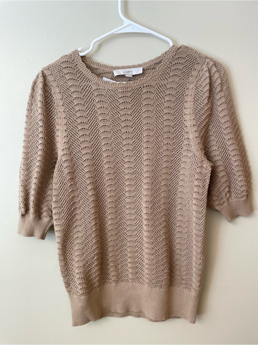LOFT Tan Open-Knit Short Sleeve Pullover